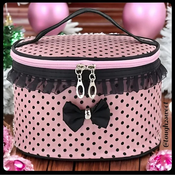 🆕️EXTRA LARGE VINTAGE PINK & BLACK POLKA DOT ZIPPERED COSMETIC BAG WITH POCKETS - Picture 1 of 17
